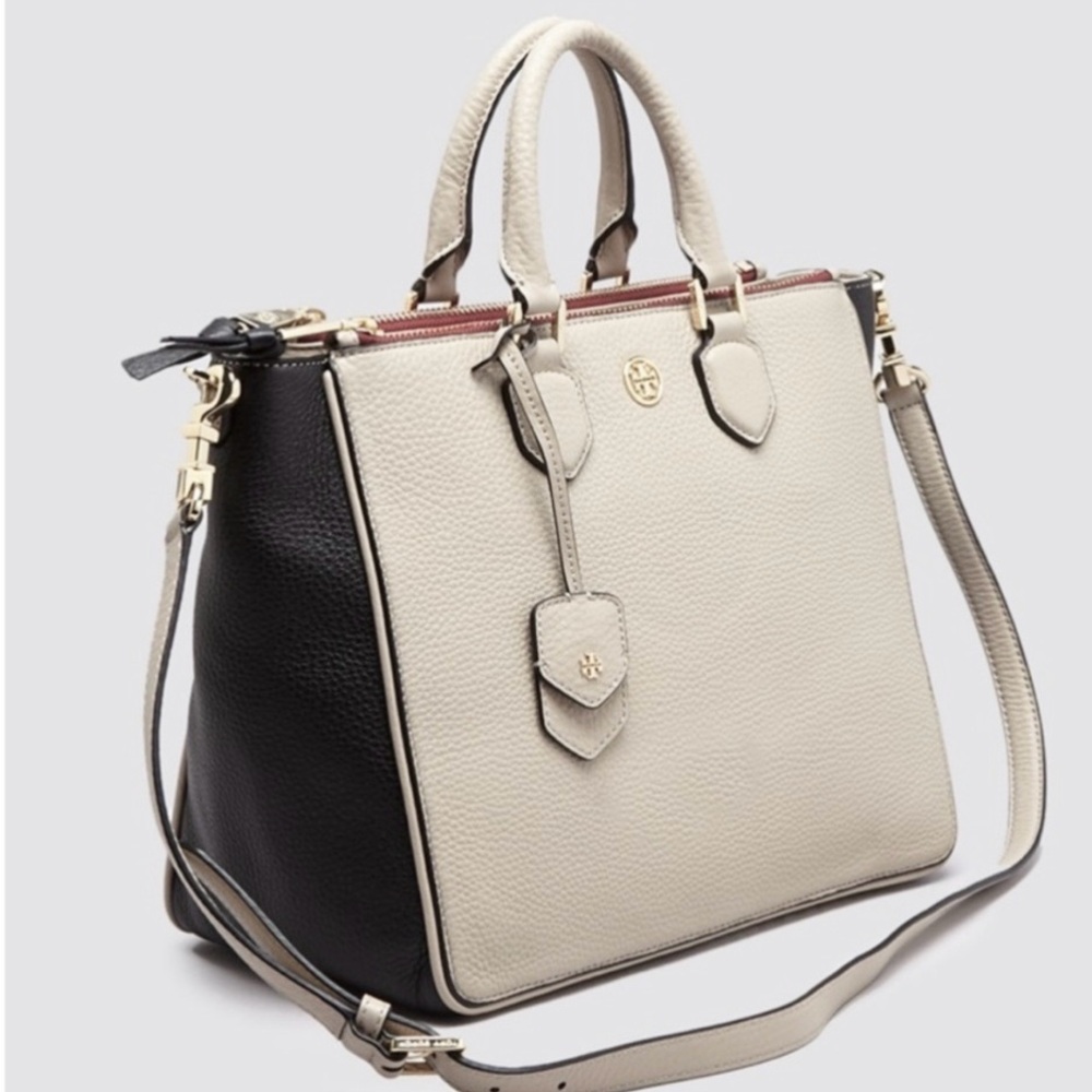 TORY BURCH Tote Satchel Robinson Pebbled Color Block Crossbody Beige Black